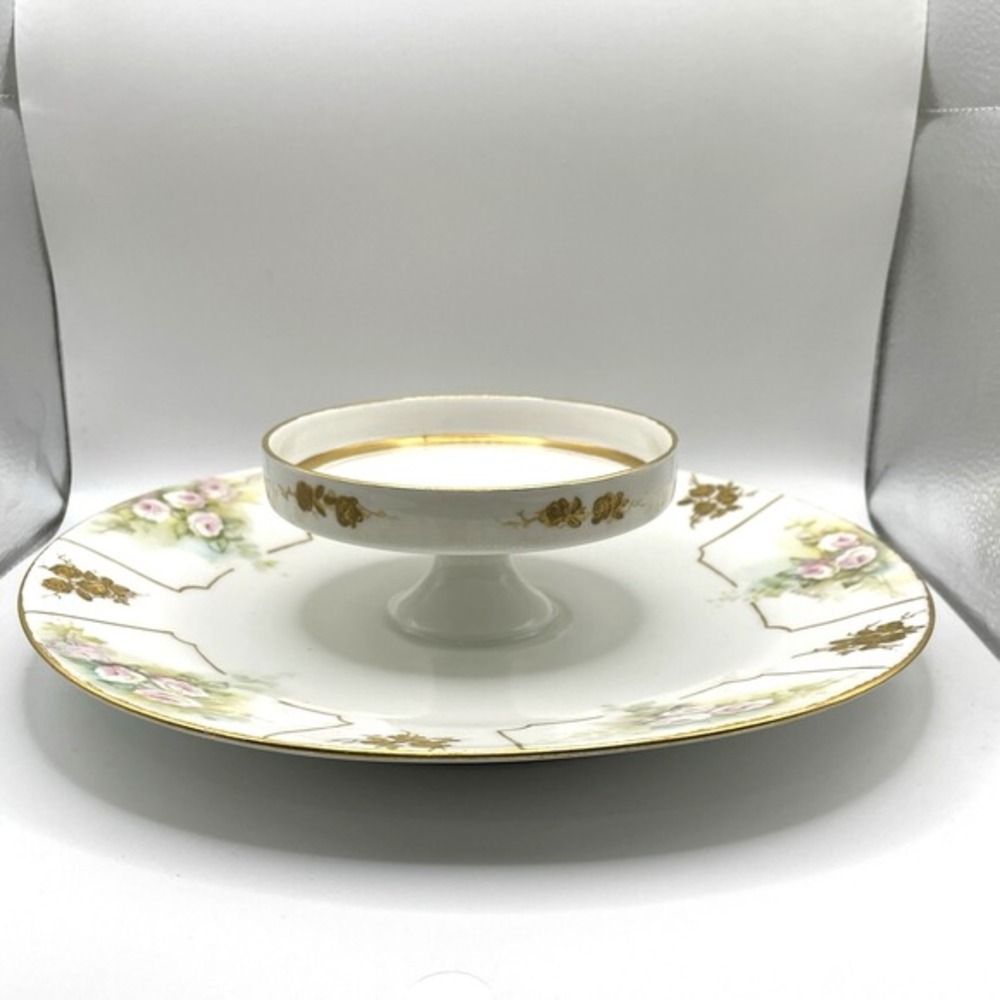 T&V Limoges 2 Tier Moriage Gold Caviar Serving Dish Platter Hand Painted Flowers